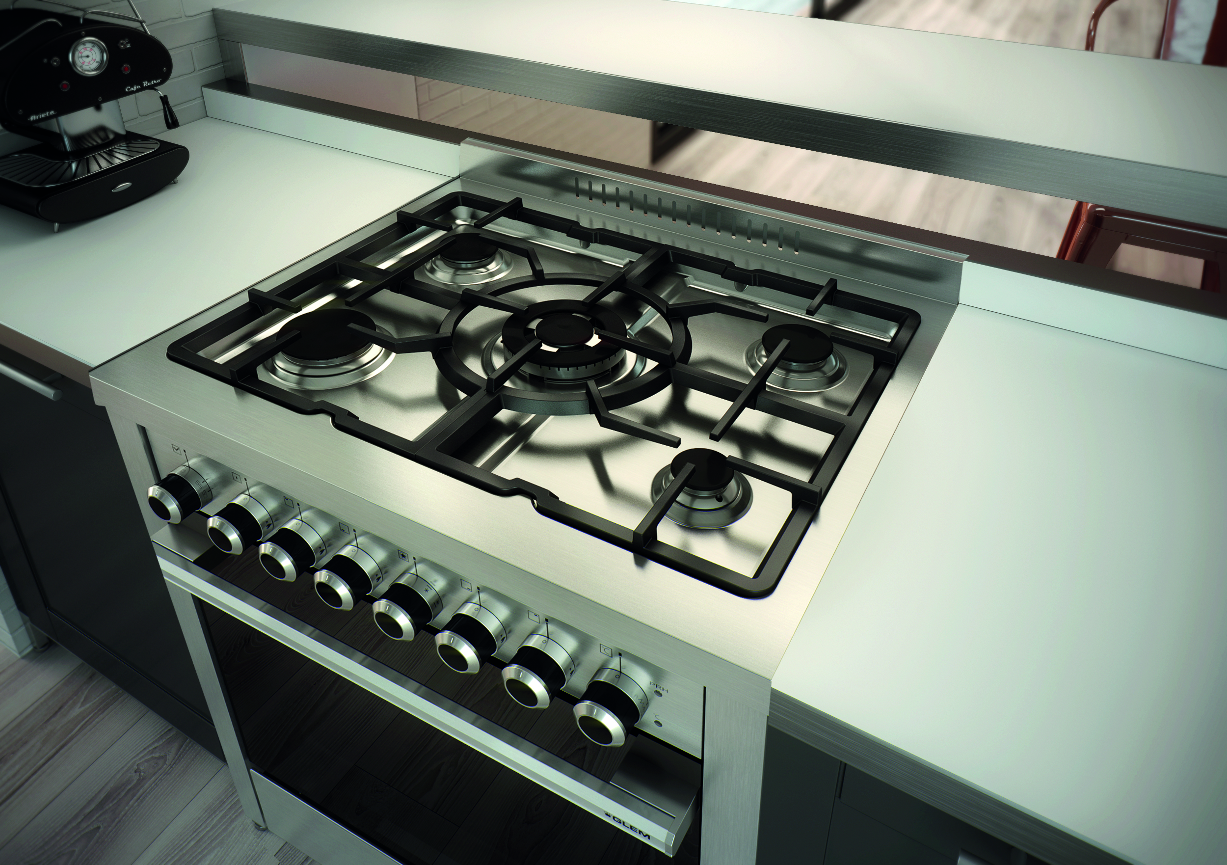 Estufa de gas de acero inoxidable con 4 quemadores. Instalado en un entorno de cocina.