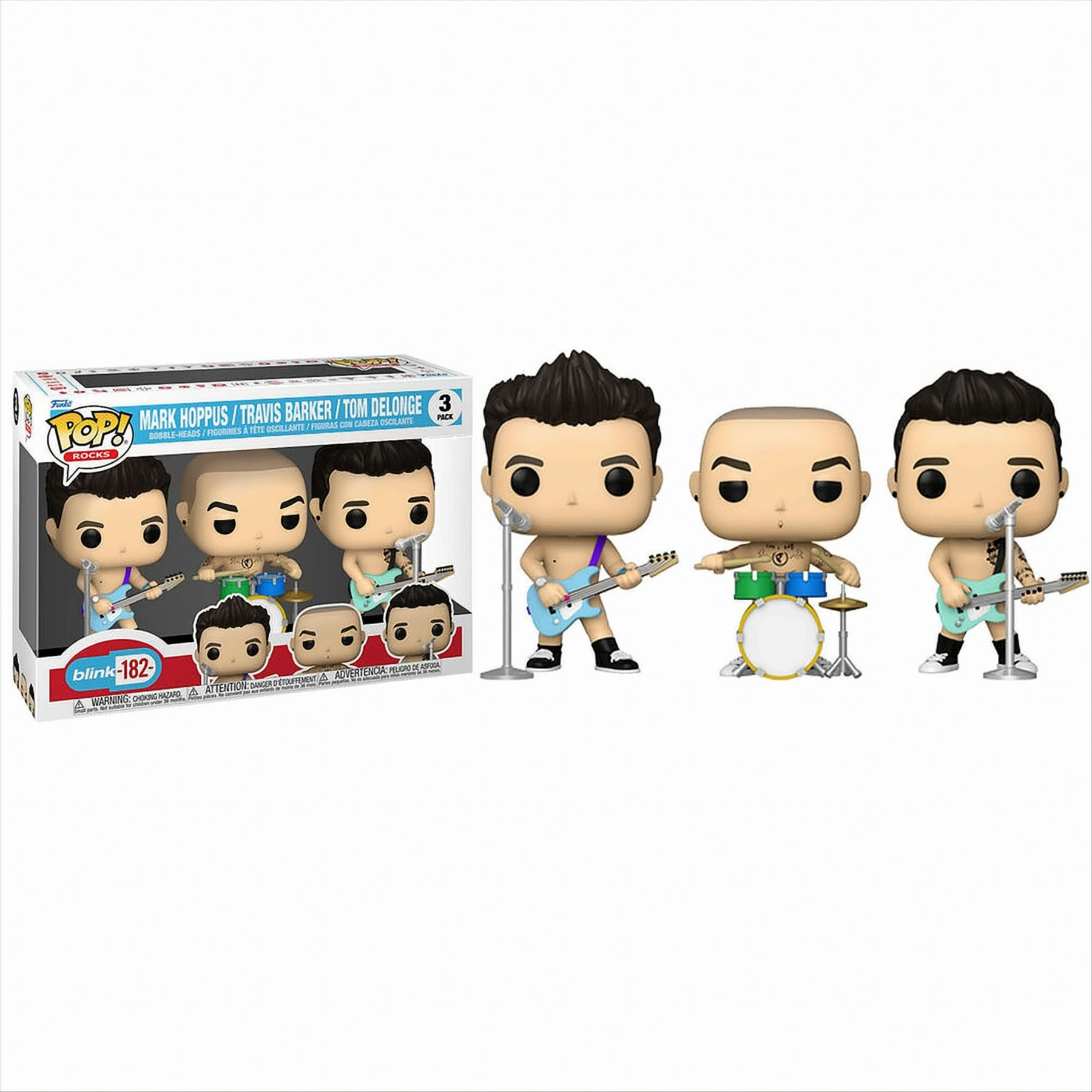 Blink-182 Bandfiguren: Mark Hoppus, Travis Barker, Tom DeLonge. Box und weißer Hintergrund.