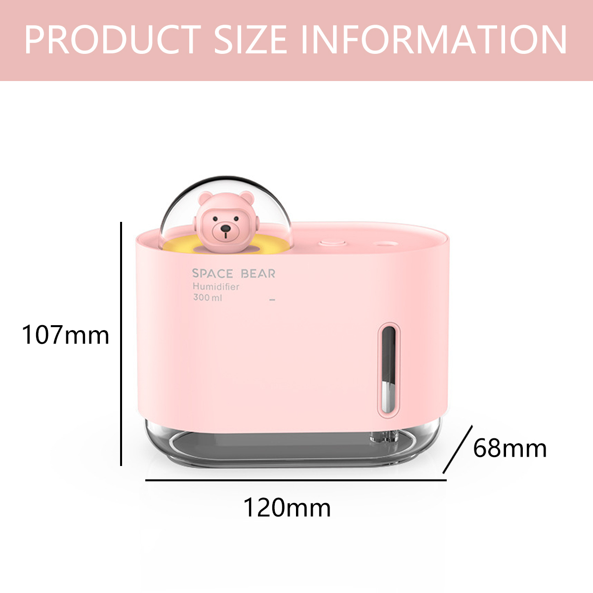 Rosa Space Bear Luftbefeuchter mit Abmessungen und Produktgrößeninformationen.