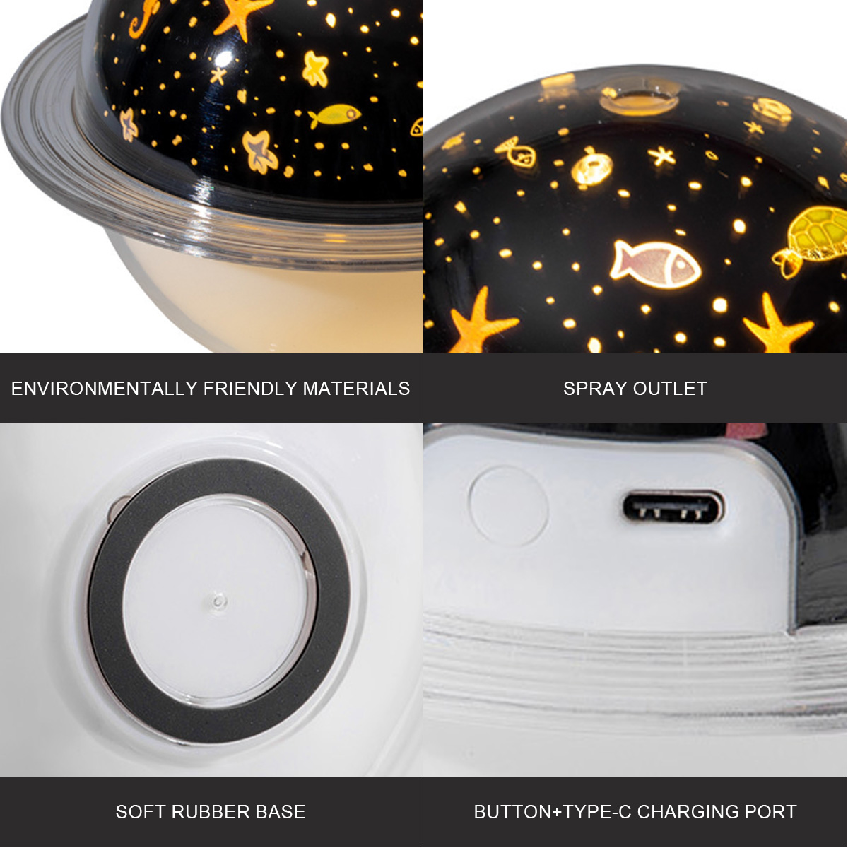 Ein schwarzer Planetariumsprojektor mit Sternen und einer Basis mit weicher Gummiunterseite.