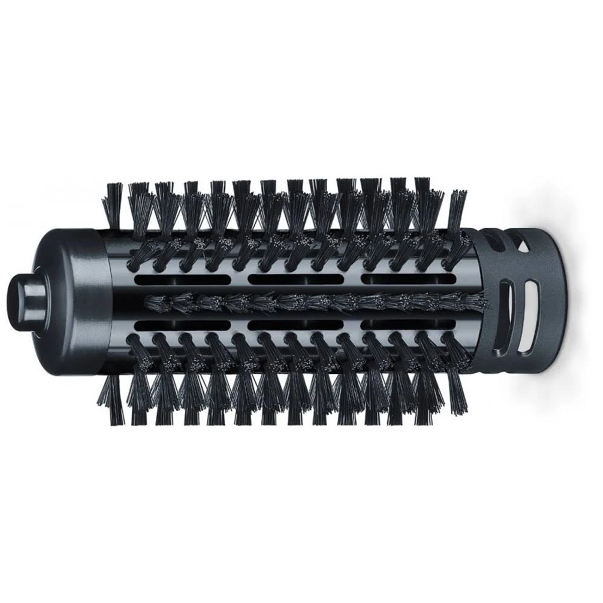 Cabezal de cepillo de secador de pelo negro sobre fondo blanco.