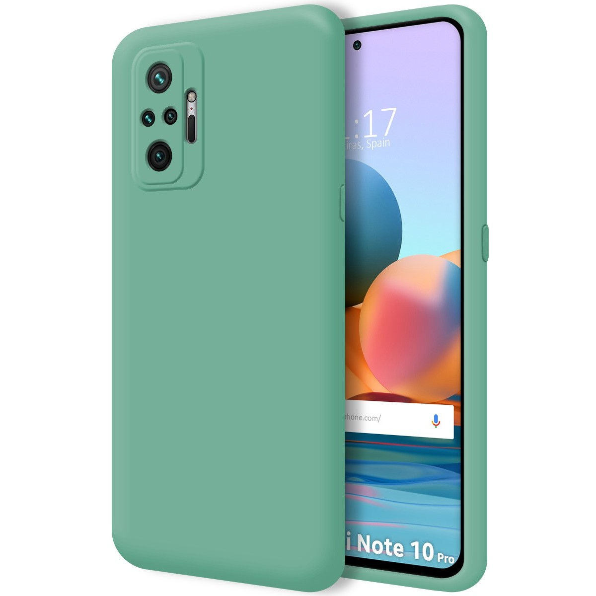 Custodia verde e telefono con schermo che mostra l'ora e un'immagine colorata.