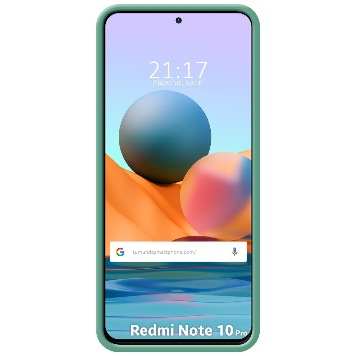 Telefono con custodia verde, due sfere blu sullo schermo e visualizzazione data/ora.