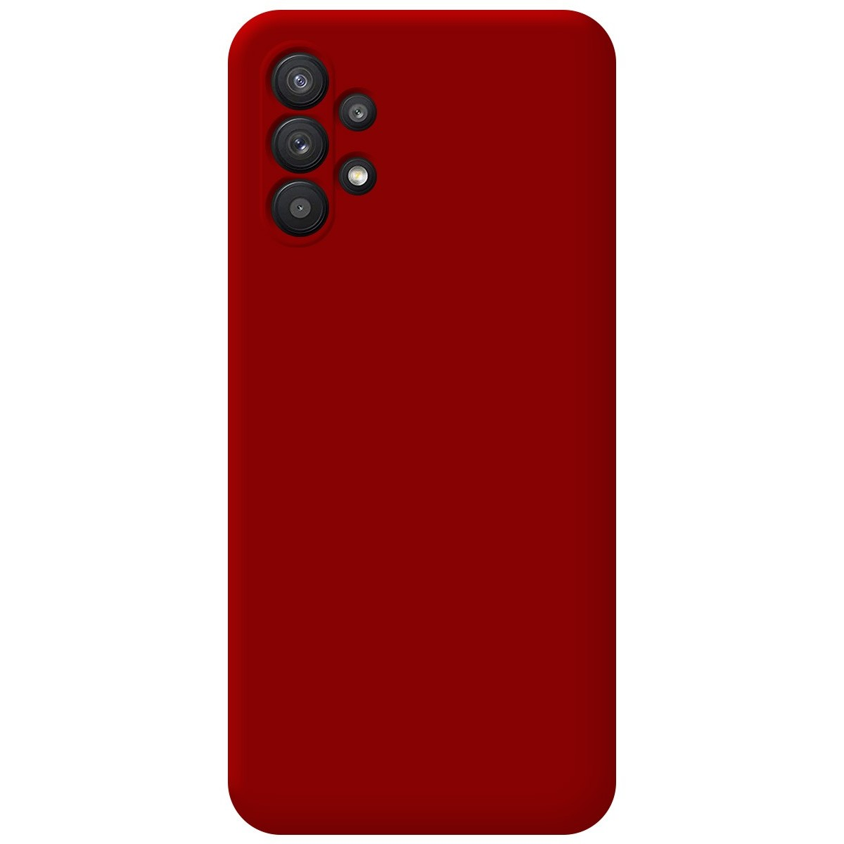 Una custodia per smartphone rossa. Ha tre obiettivi della fotocamera nell'angolo in alto a sinistra. Il retro è rosso.