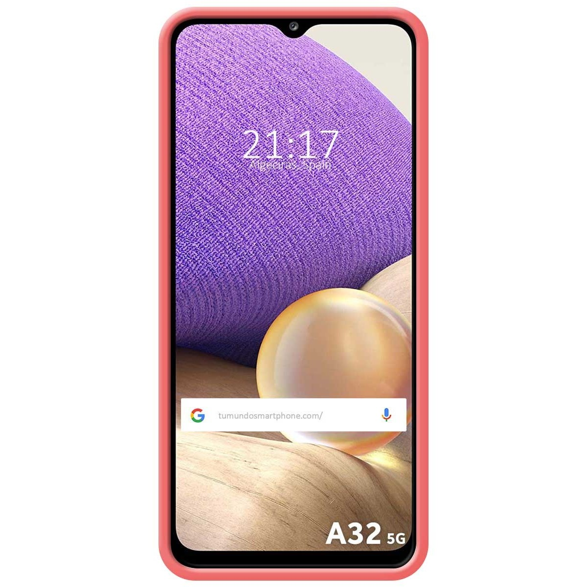 Una custodia per telefono rosa. Lo schermo mostra l'ora.