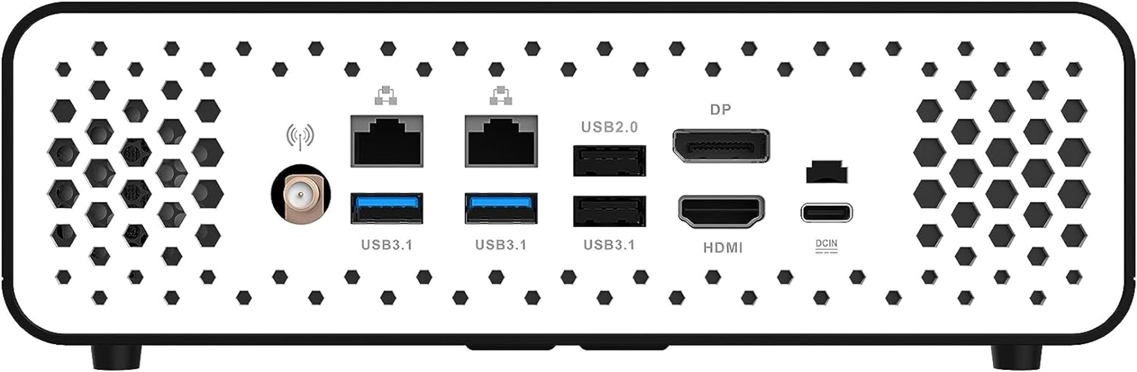 Ein weißes Gerät mit vielen Anschlussports, darunter USB und HDMI.