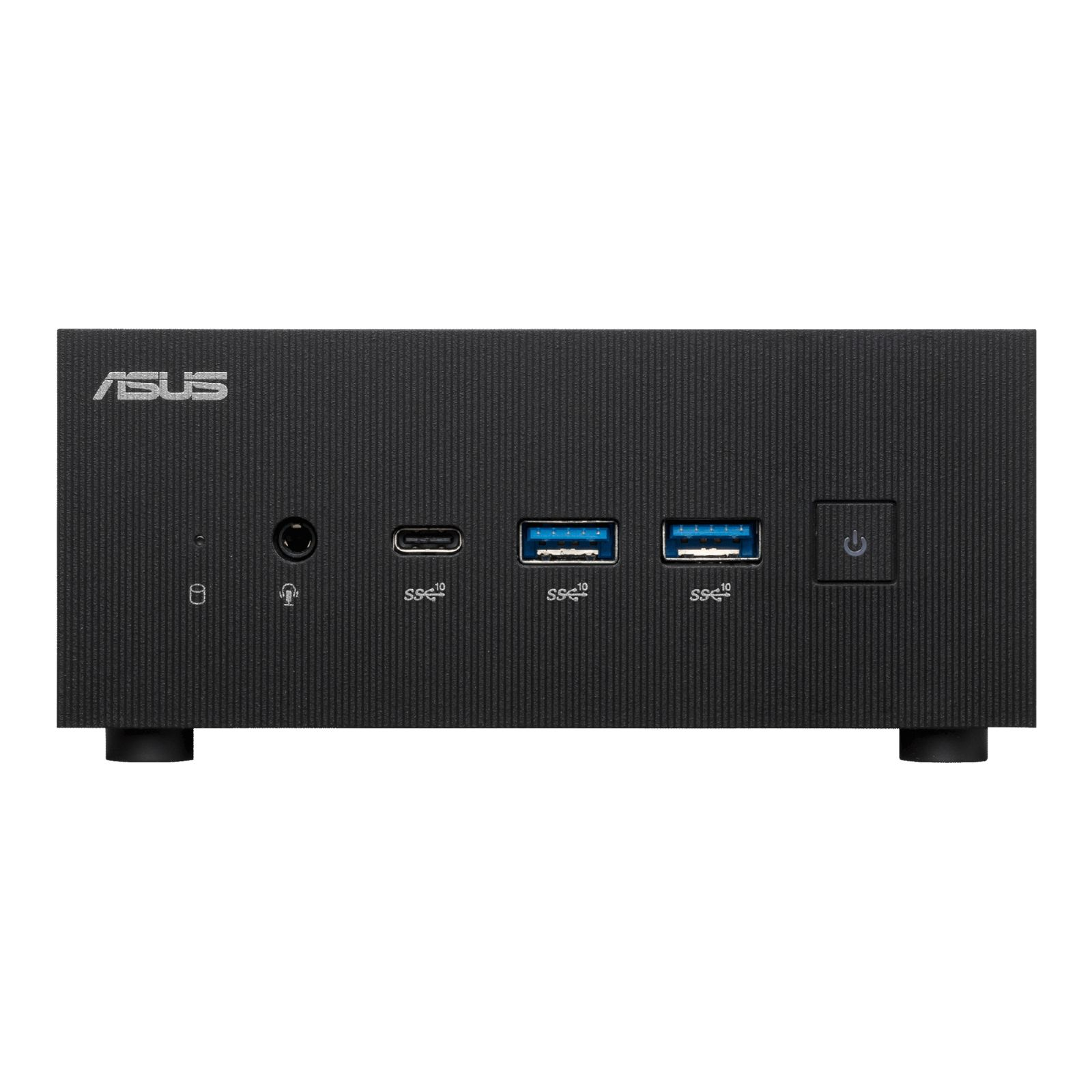 Mały czarny komputer ASUS z portami USB i innymi na panelu przednim. Logo ASUS na górze.