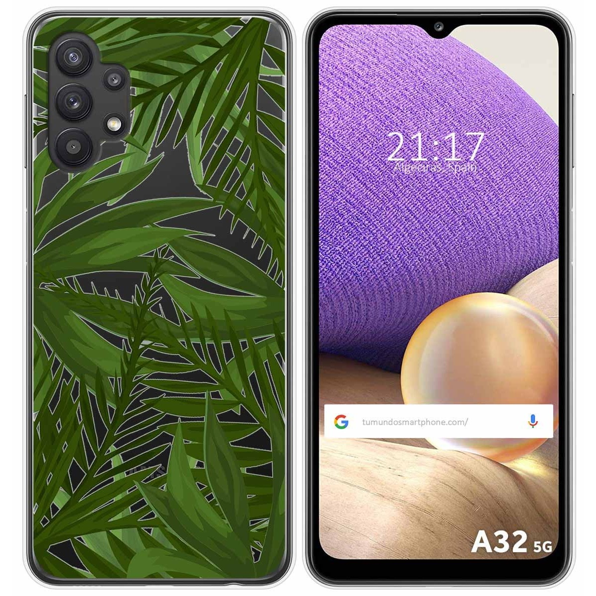 Funda de teléfono con diseño de hojas verdes. La pantalla del teléfono muestra un color púrpura.