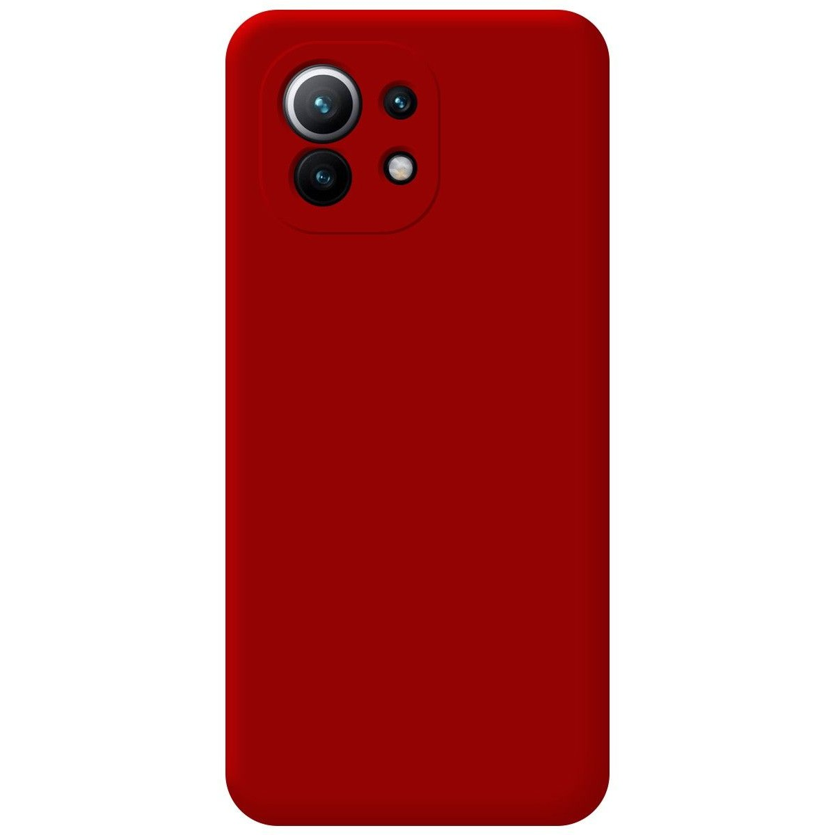 Una custodia per telefono rossa, con le lenti della fotocamera visibili. Il retro è rosso.