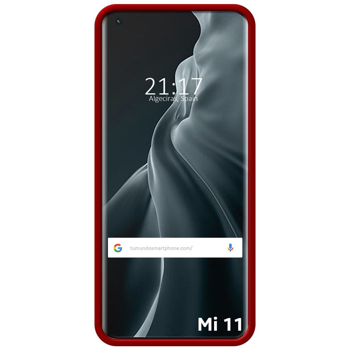 Telefono con cornice rossa. Schermo nero con forme astratte bianche.