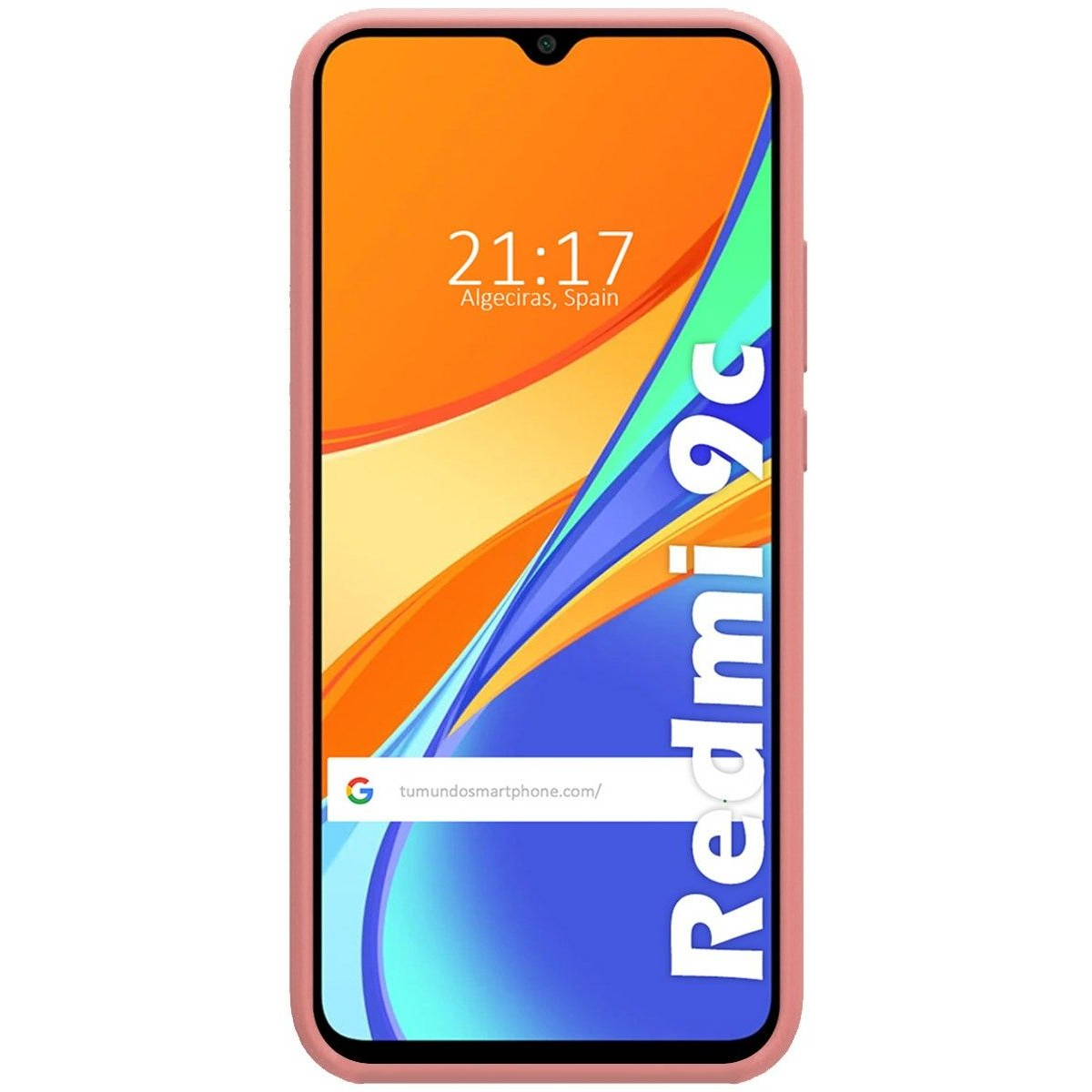 Custodia rosa con schermo del telefono che mostra ora e luogo, e design blu e arancione.