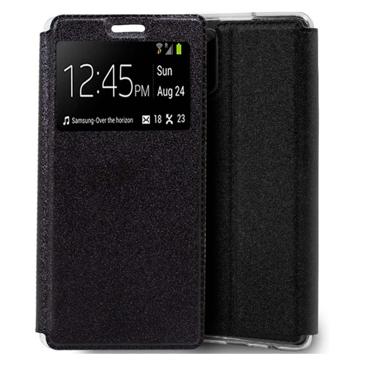 Funda de teléfono negra, cerrada, que muestra una pantalla con hora, fecha y el logotipo de Samsung.