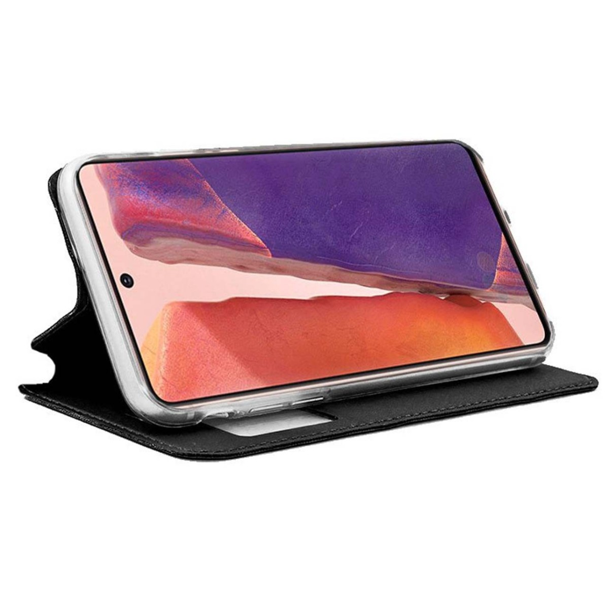 Smartphone dentro de una funda tipo cartera negra. Pantalla muestra arte abstracto naranja y morado.