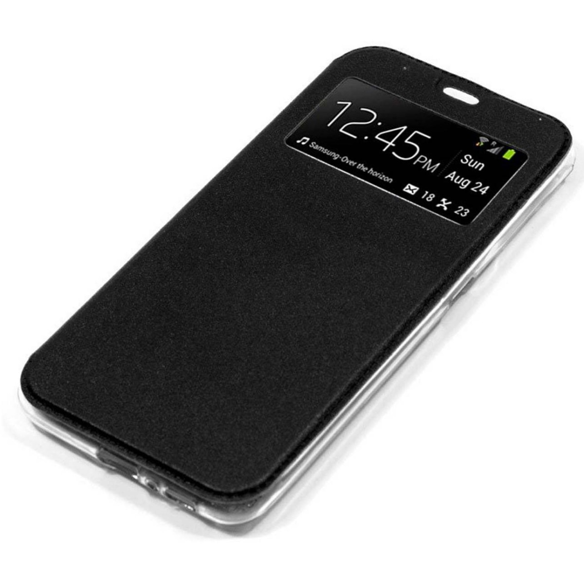 Funda de teléfono negra con tapa cerrada, que muestra la hora y la fecha.