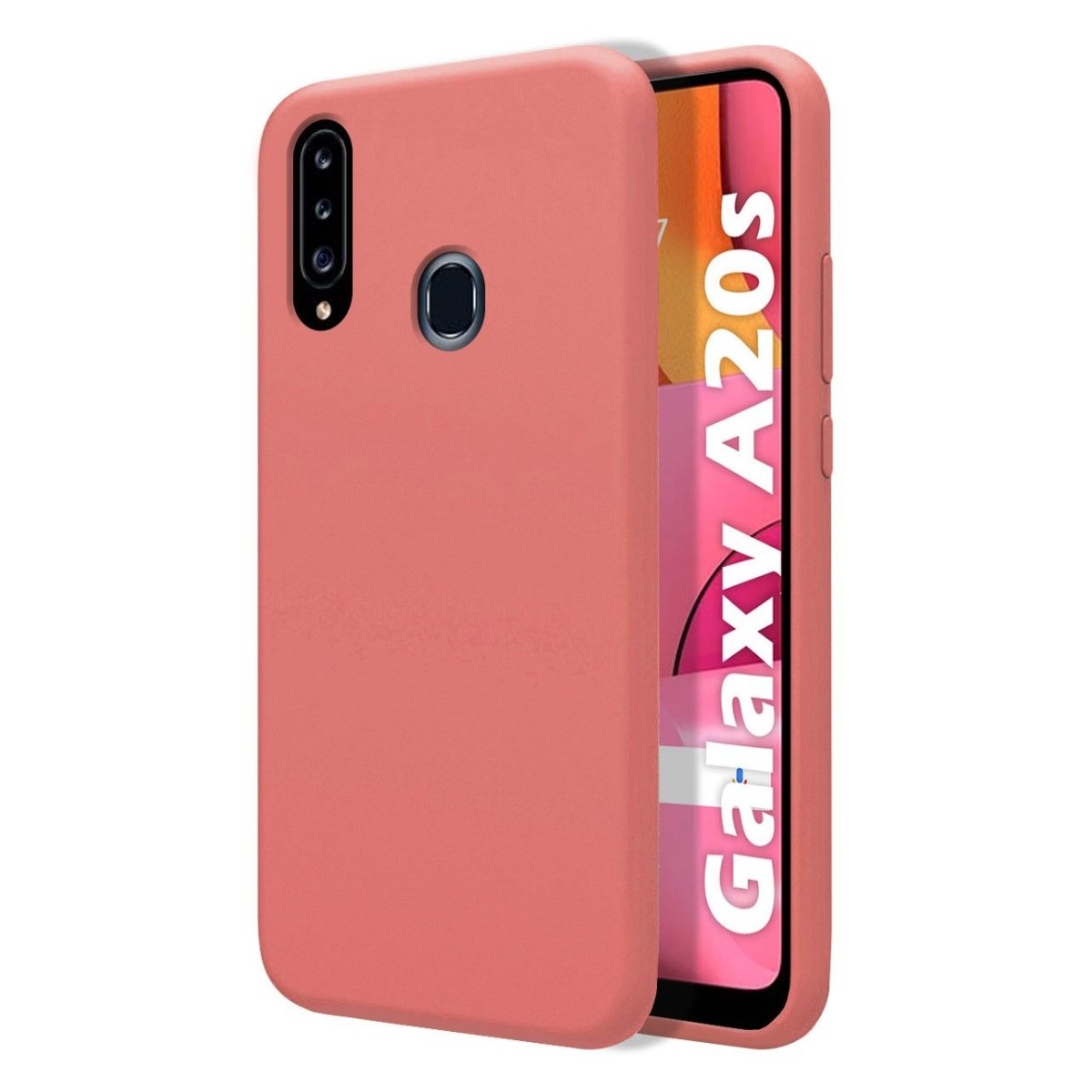 Una custodia per telefono color corallo. Lo schermo mostra un telefono con la scritta Galaxy A20s e sfondo rosa.