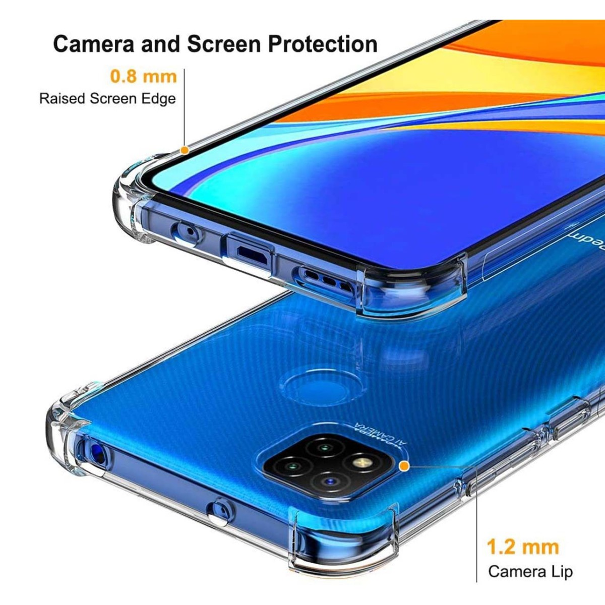 Custodia trasparente su un telefono blu. Mostra le misure di protezione della fotocamera e dello schermo.