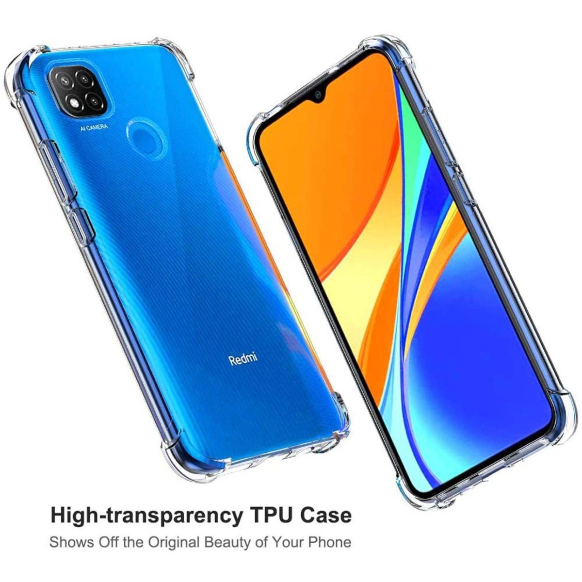 Due telefoni, uno blu, uno arancione, in custodie trasparenti. Viene mostrato il testo sulla custodia.