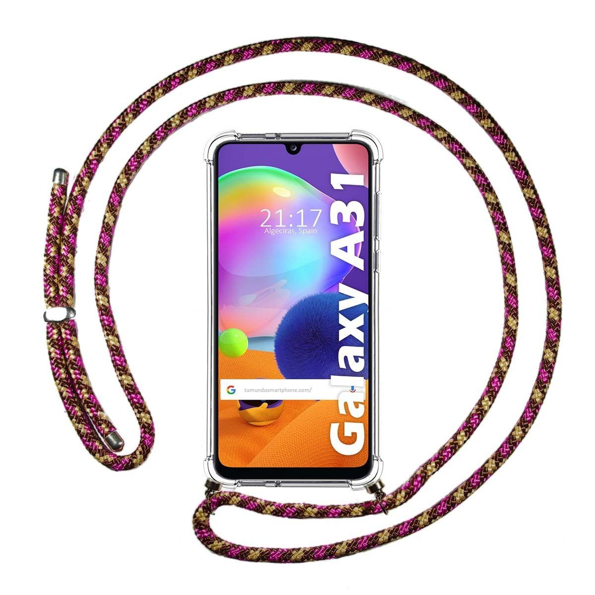 Custodia per telefono con cordino. Lo schermo mostra ora, posizione e un design astratto colorato.