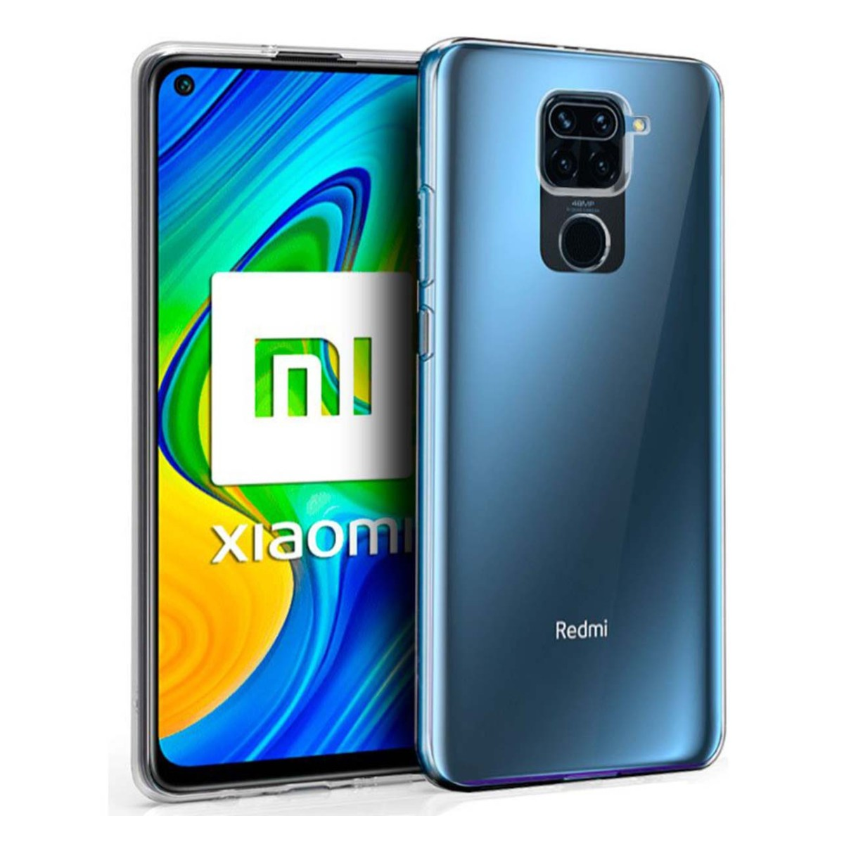 Custodia per telefono con logo Xiaomi, il telefono a destra mostra l'ora e il logo Redmi.