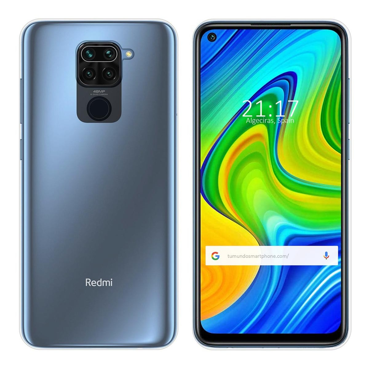Due telefoni: uno blu, uno con uno schermo che mostra una scena d'acqua blu e verde.