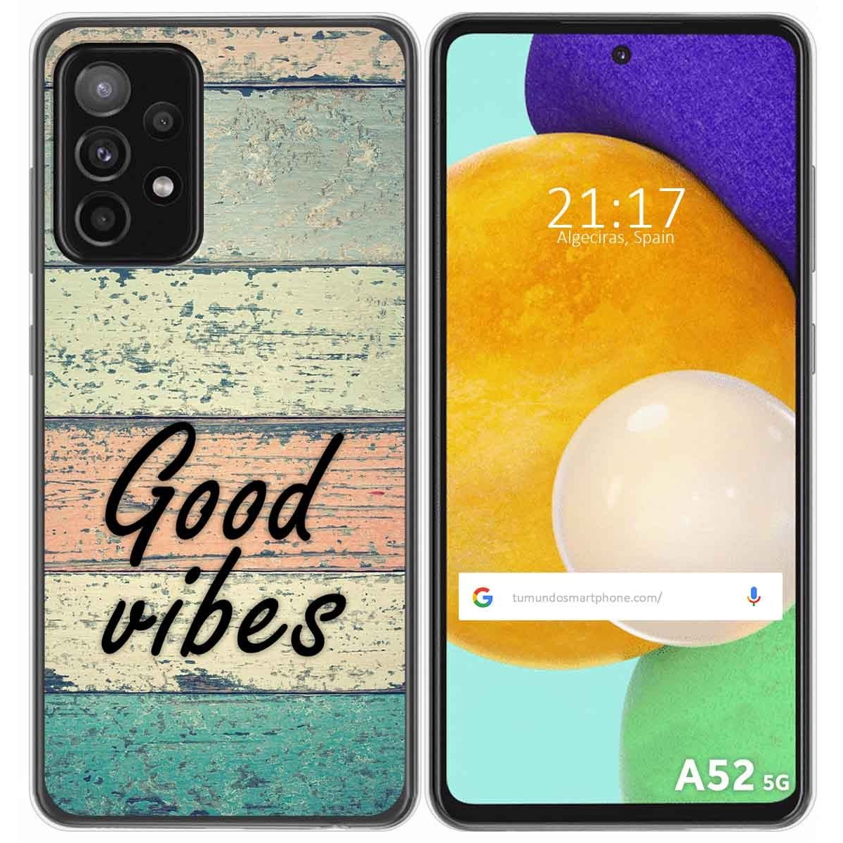 Funda de teléfono con texto Good Vibes en fondo de madera y texto en la pantalla del teléfono.