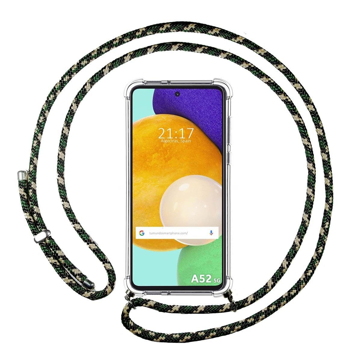 Una custodia per telefono con un cordino; la custodia è trasparente e il telefono visualizza uno schermo con testo.