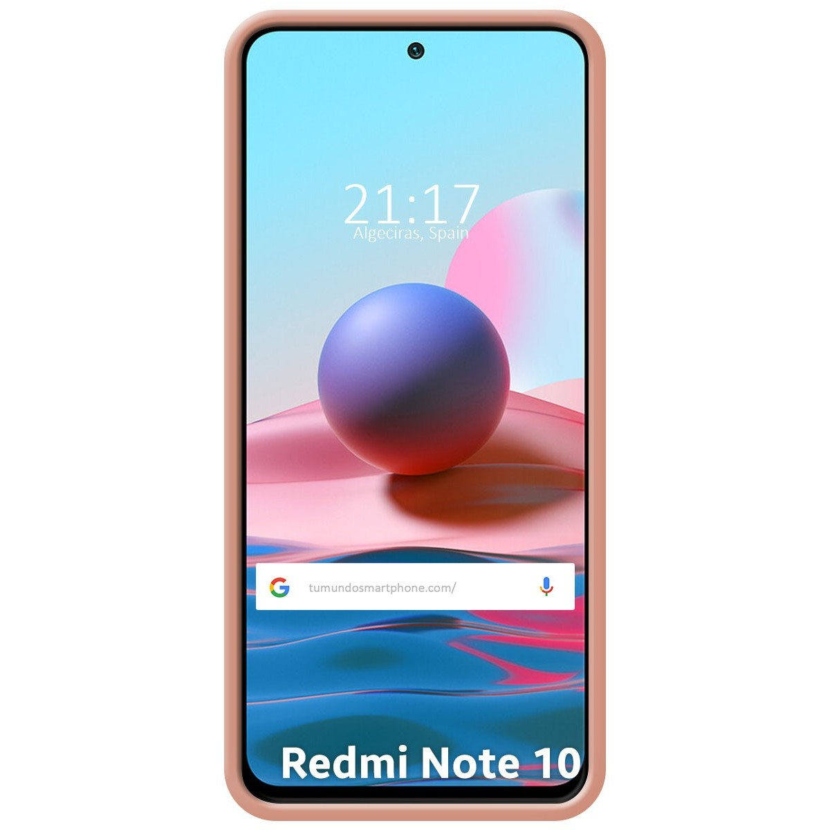 Custodia per telefono con bordo rosa. Lo schermo mostra una sfera viola e sfondo bianco.