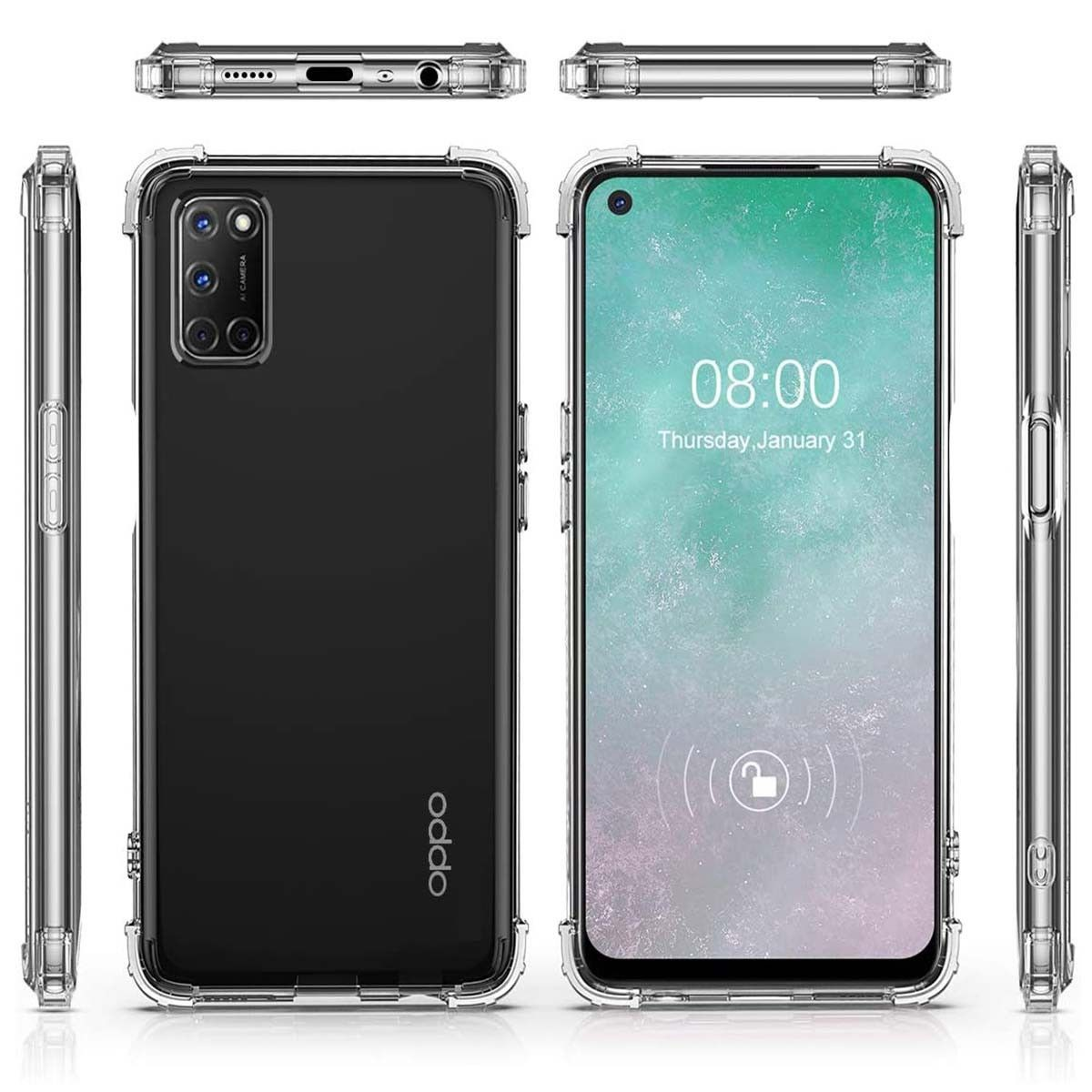 Funda negra con borde transparente y pantalla de teléfono con hora.