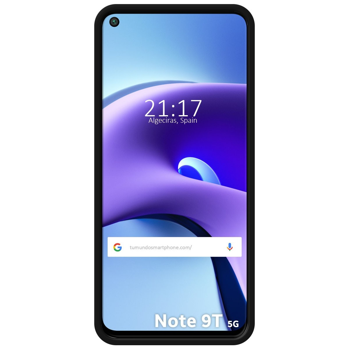 Schermo di uno smartphone con ora e luogo visualizzati. Il telefono è nero.