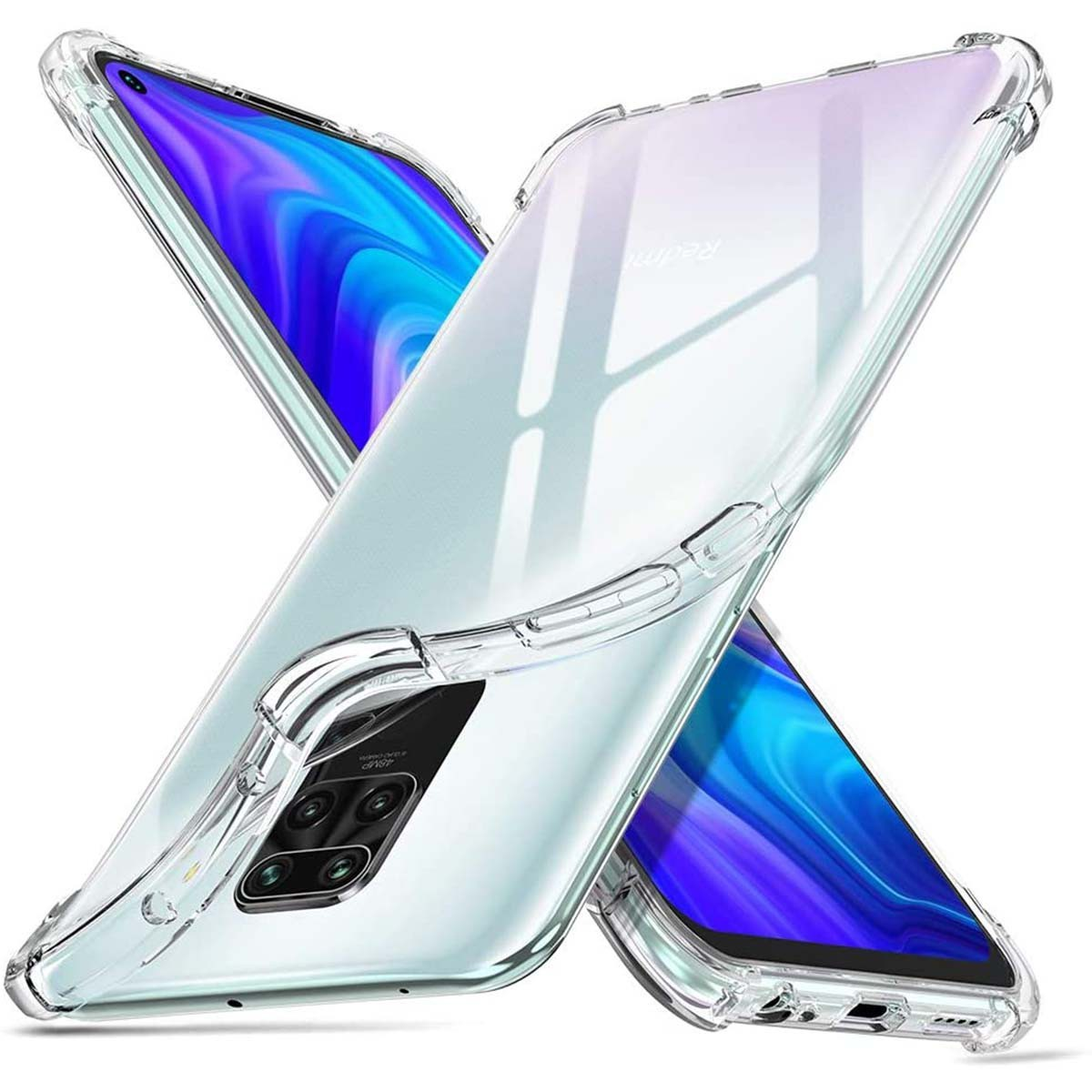 Due custodie trasparenti per telefono sovrapposte, che mostrano la fotocamera e lo schermo del telefono.