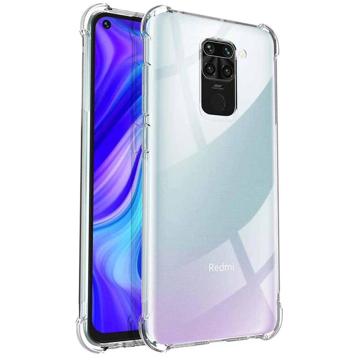 Custodia trasparente per telefono su sfondo bianco. La custodia mostra una sfumatura di viola e bianco.