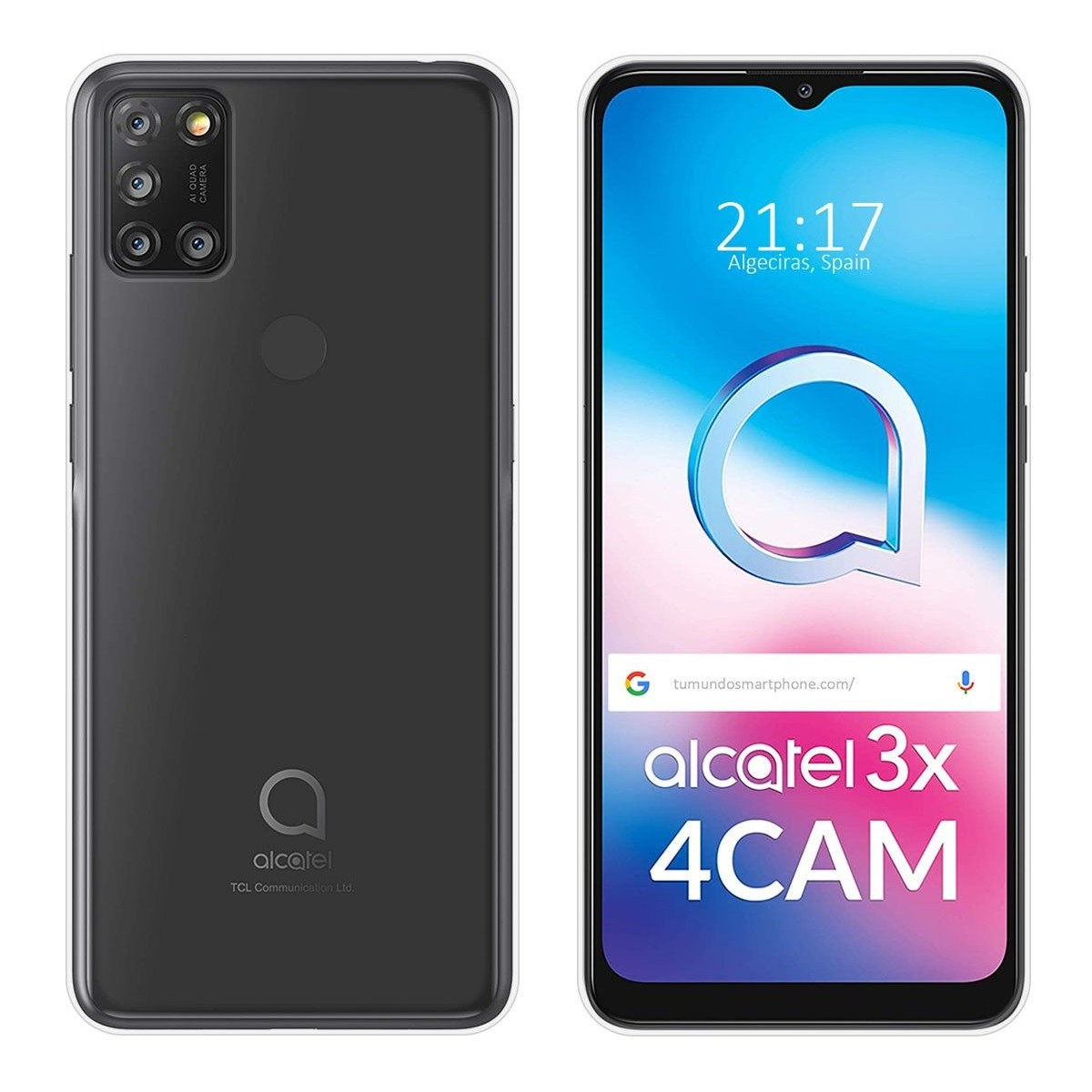 Funda de teléfono con un teléfono. La pantalla muestra el logotipo de Alcatel y el texto 'alcatel 3x 4CAM'.