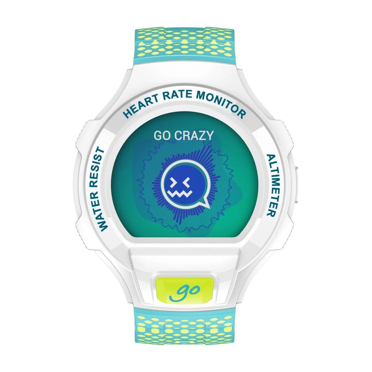 Un reloj inteligente blanco con pantalla azul y las palabras GO CRAZY.