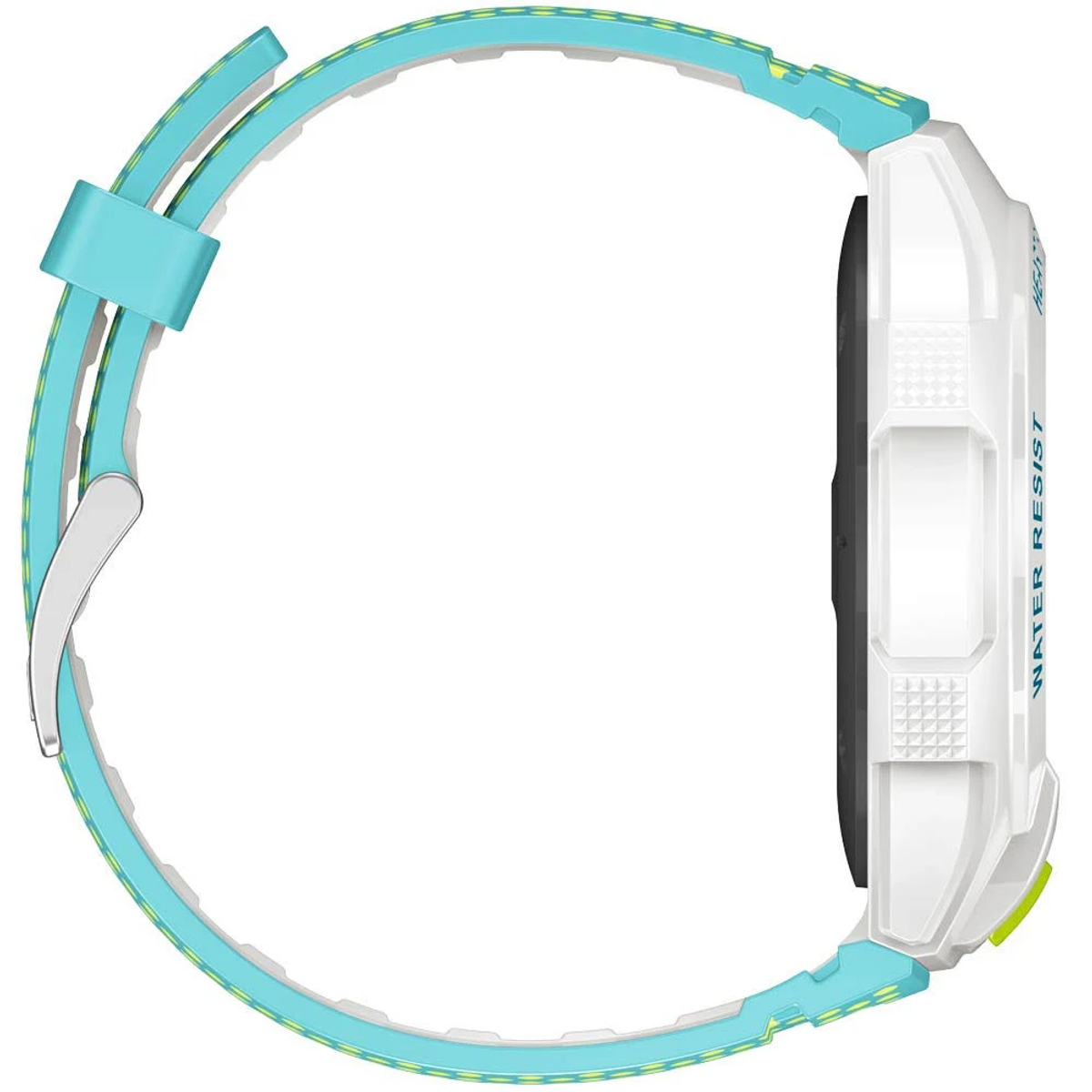 Vista lateral de un smartwatch blanco con correa azul. La esfera del reloj tiene texto: 'WATER RESIST'.