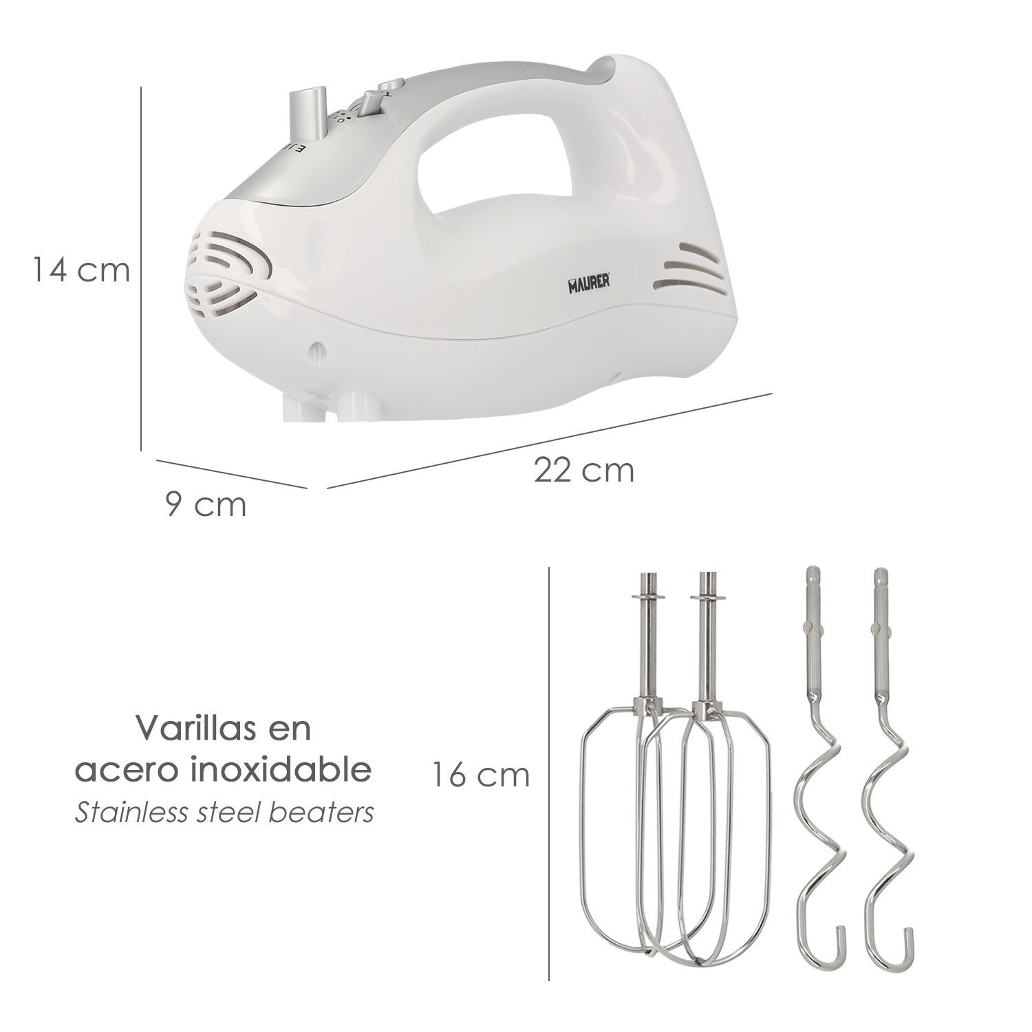 Frullatore a mano bianco e grigio con dimensioni e fruste in acciaio inossidabile.