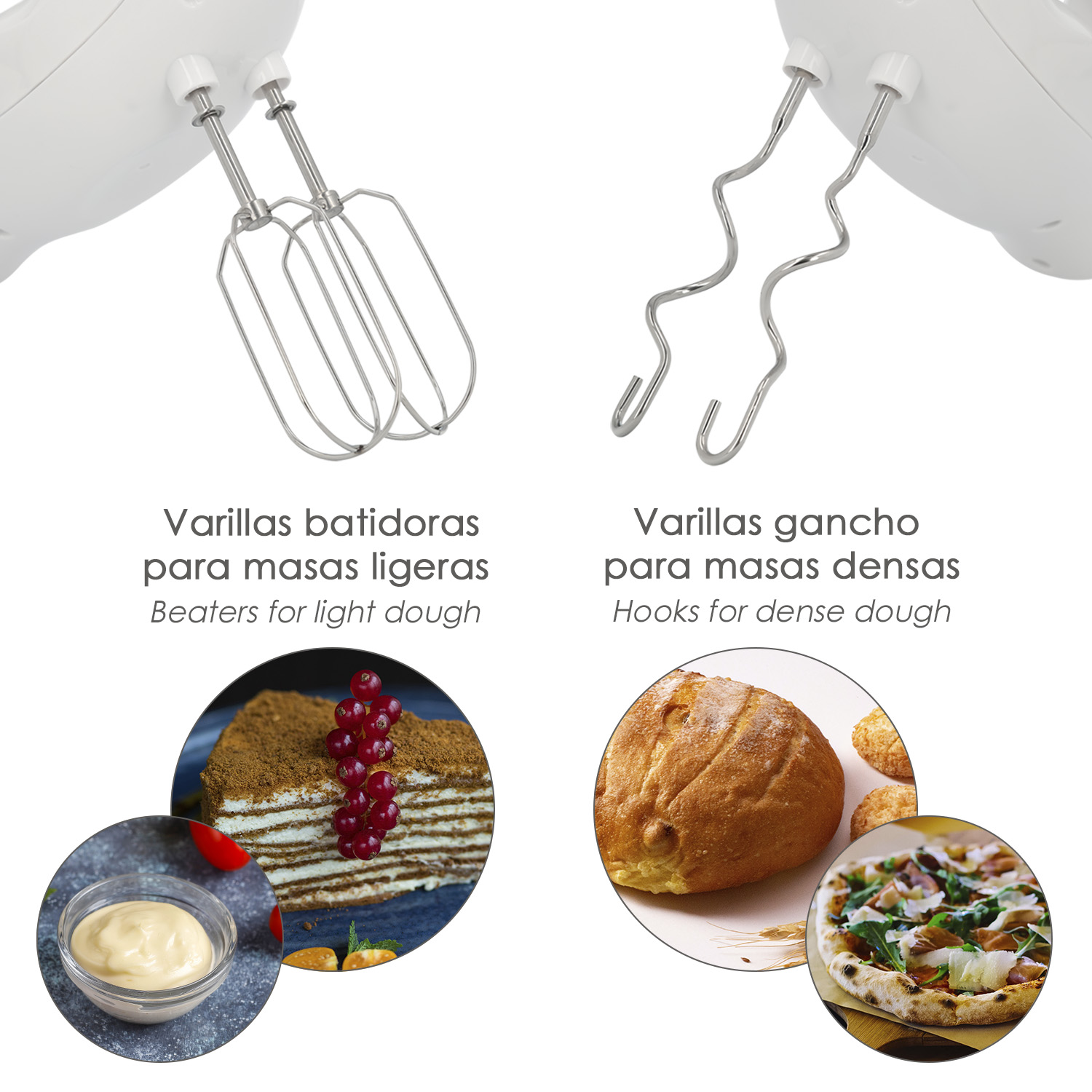 Due diversi attacchi per mixer con testo sottostante che descrive ciascuno per impasti leggeri e densi.
