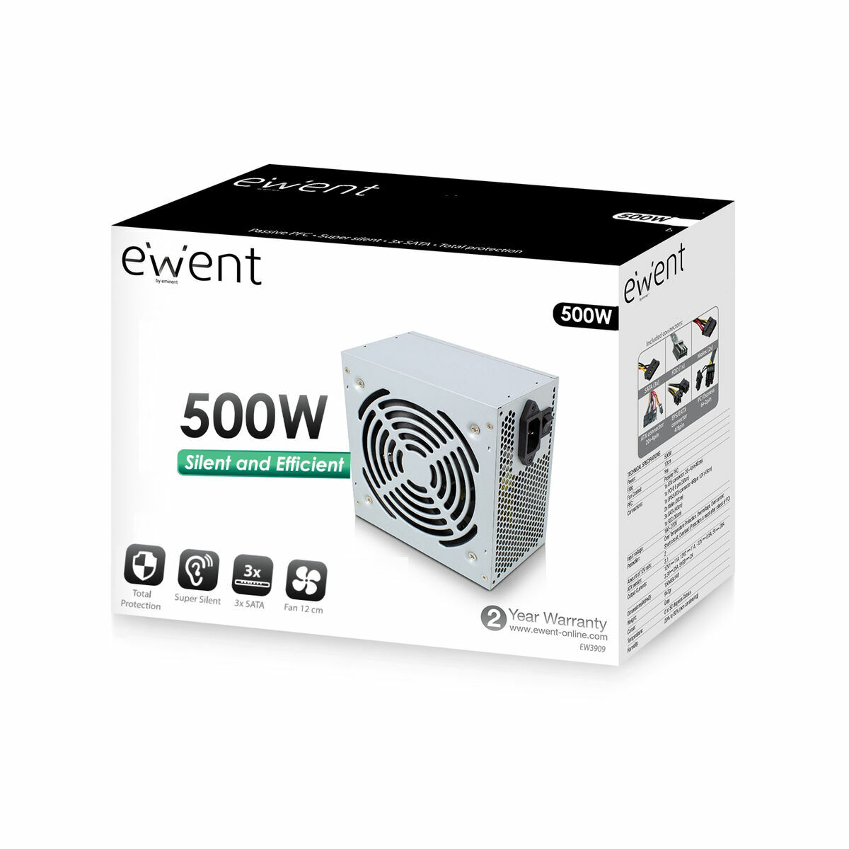 Zasilacz 500W w pudełku. Urządzenie ma wentylator i kilka złączy.