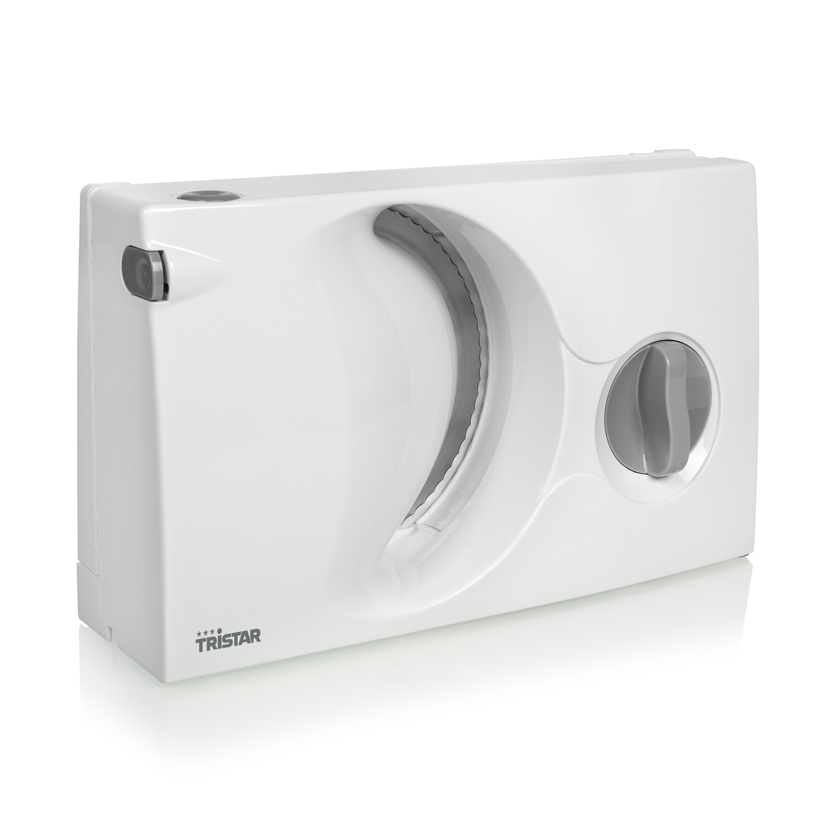 Cortafiambres blanco con mango y dial grises.