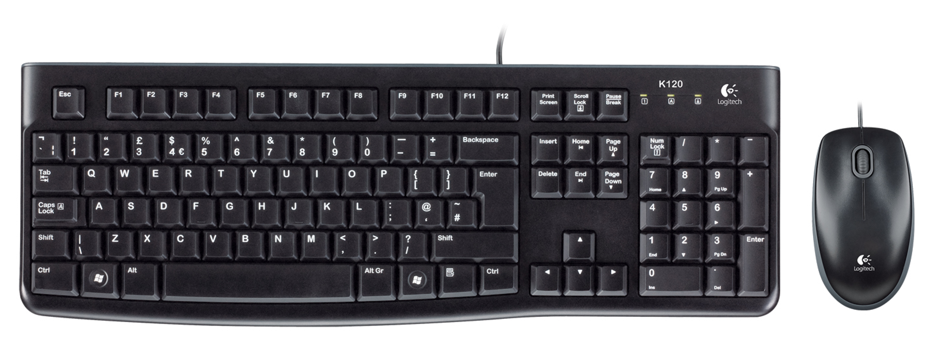 Ensemble clavier et souris noirs sur fond blanc.