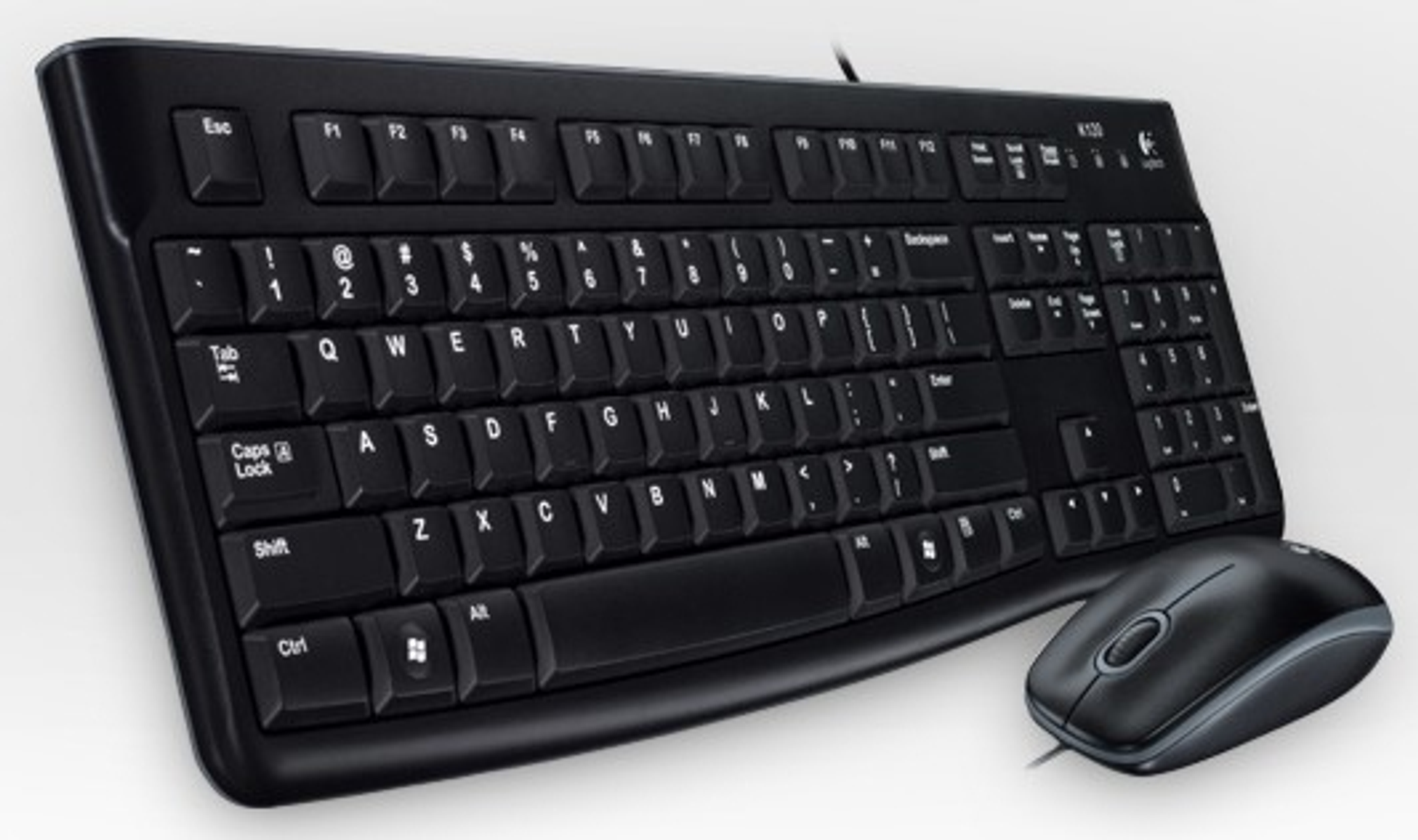 Set tastiera e mouse neri, su sfondo chiaro. La tastiera ha tasti standard.