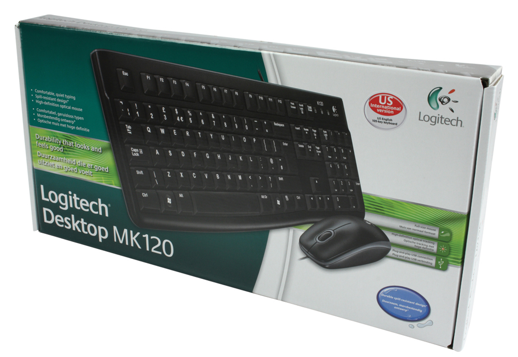 Set tastiera e mouse Logitech in scatola. Testo sulla scatola: Logitech Desktop MK120.
