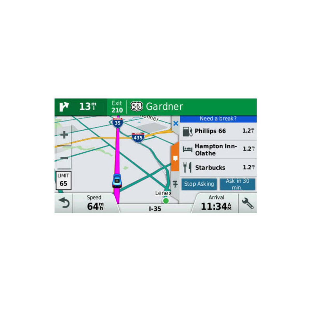 Pantalla GPS que muestra un mapa con guía de ruta y puntos de interés.