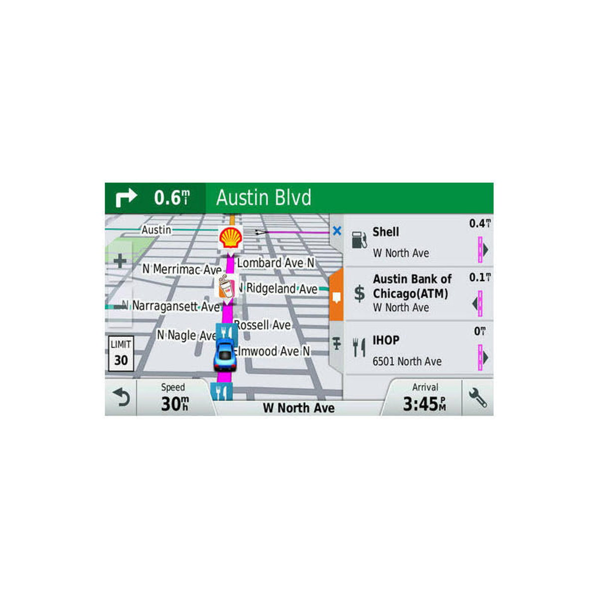 Pantalla del sistema de navegación que muestra un mapa con un coche y direcciones.