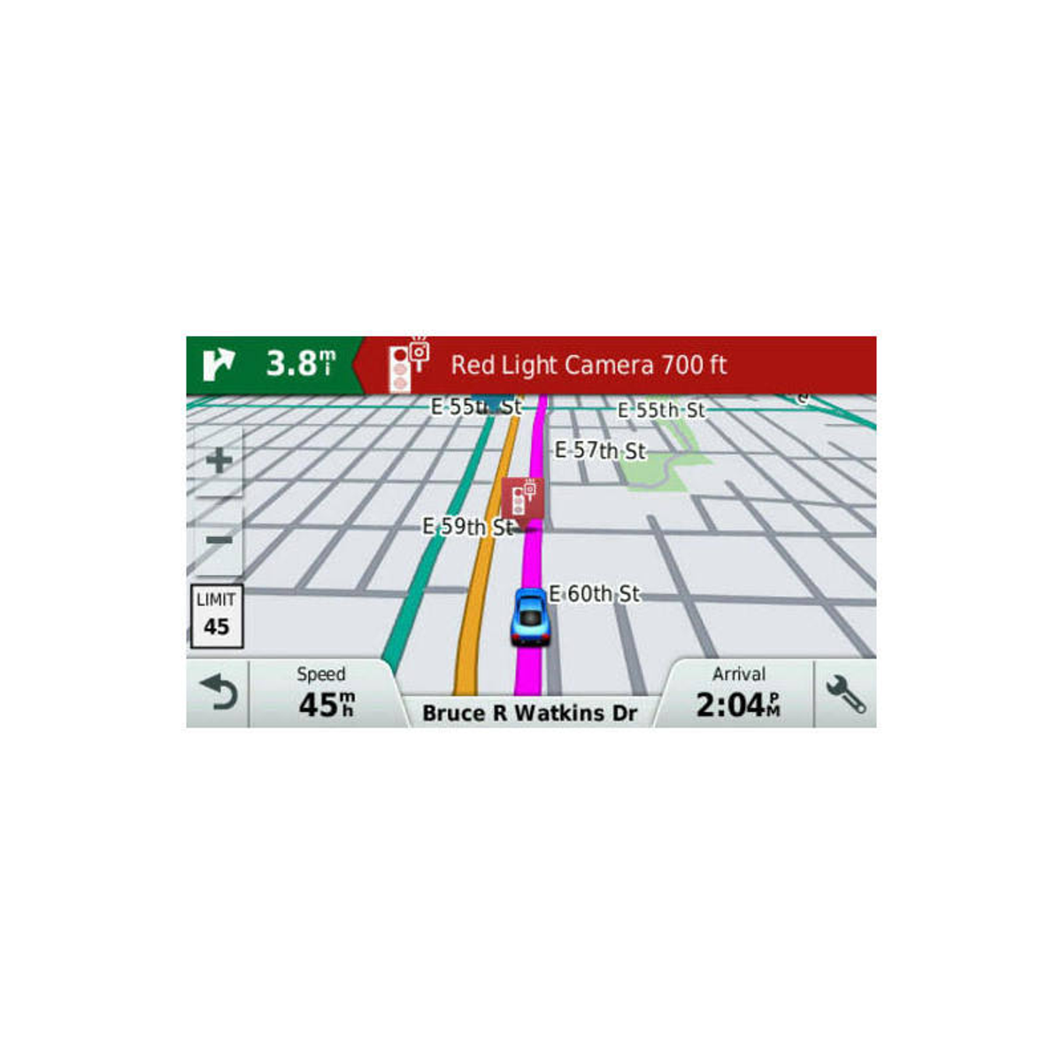 Pantalla GPS mostrando mapa con velocidad y aviso de radar.