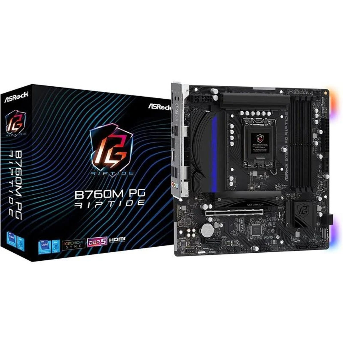 Scheda madre ASRock e scatola. Scatola con design nero e blu. La scheda è nera.