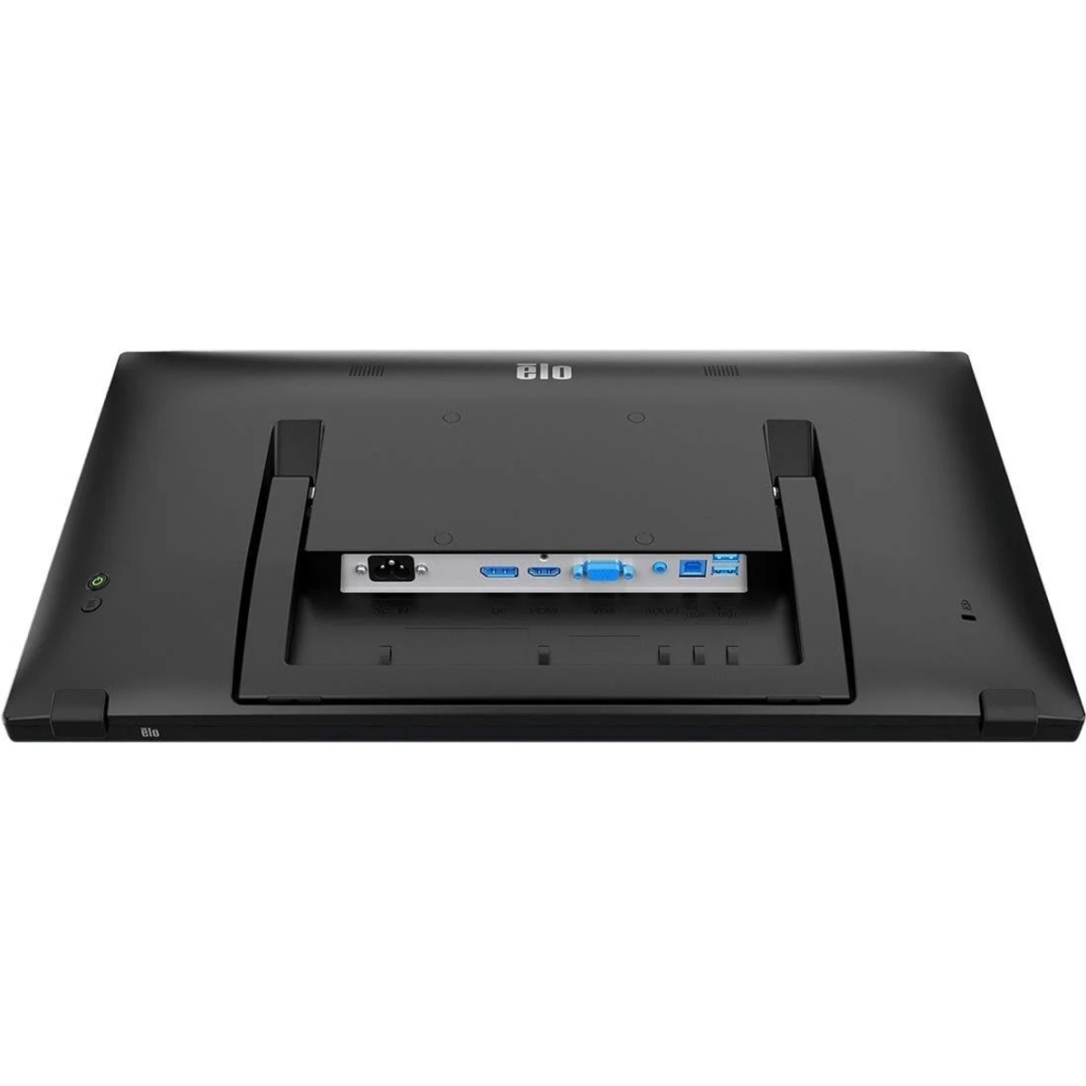 Tył czarnego monitora komputerowego z portami i podstawą, białe tło.