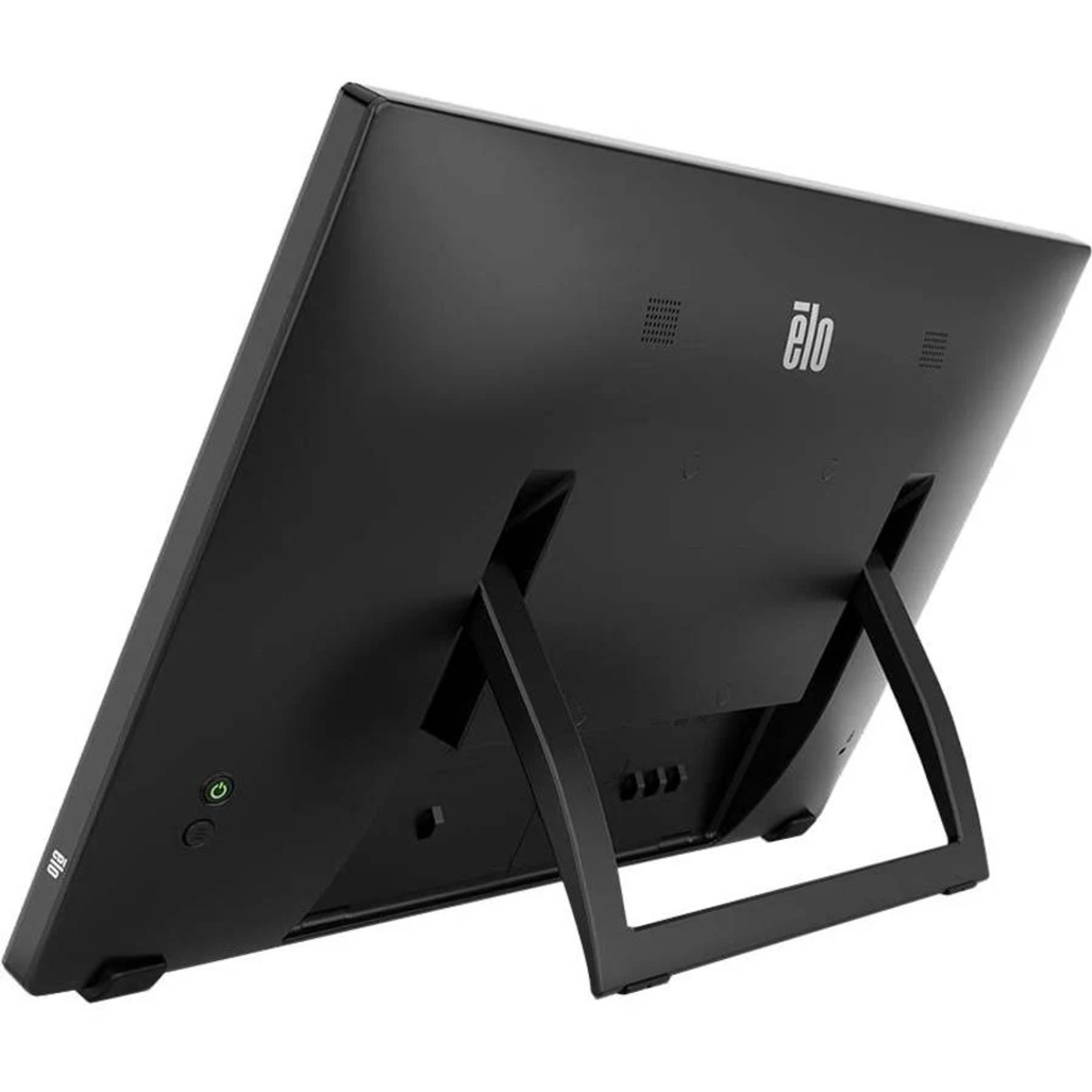 Czarny monitor komputera, lekko pochylony, z podstawą.