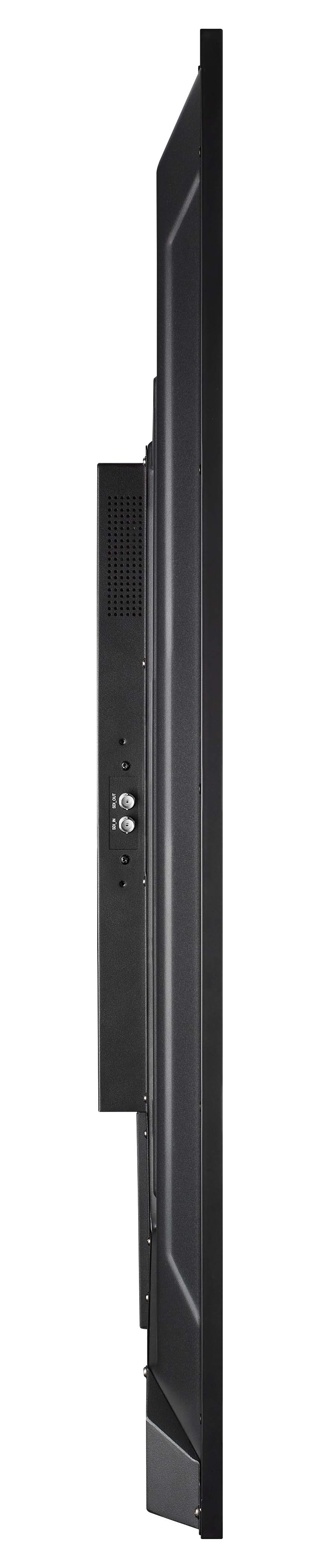 Seitenansicht eines schwarzen Fernsehbildschirms mit einer schwarzen Box an der Seite. Weißer Hintergrund.