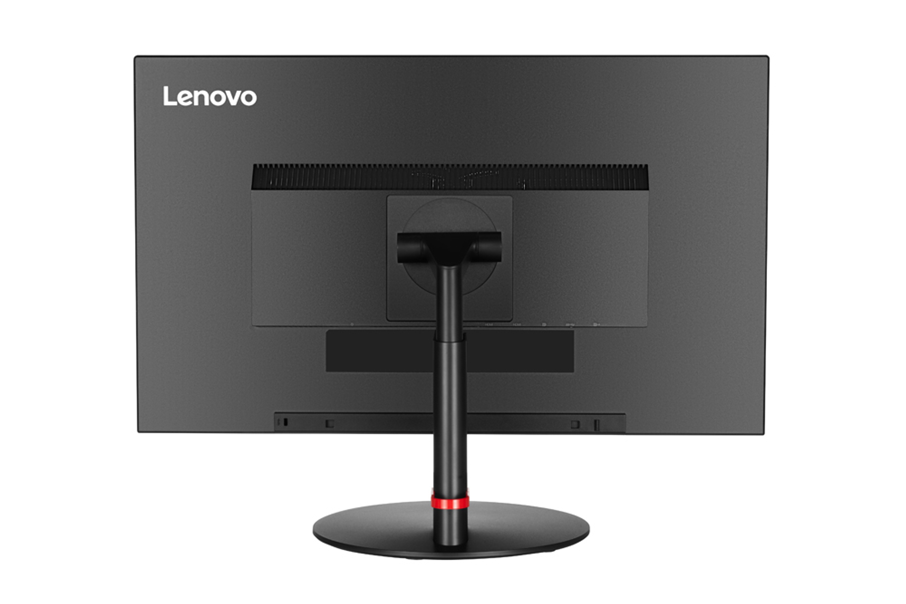Retro di un monitor Lenovo. Nero con supporto. Ha il logo Lenovo.