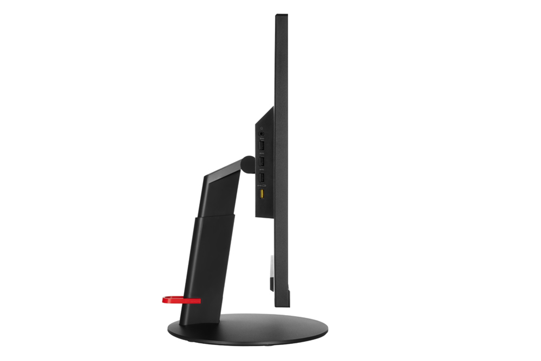 Vista laterale di un monitor per computer nero. Ha un supporto nero e un accento rosso sul supporto.